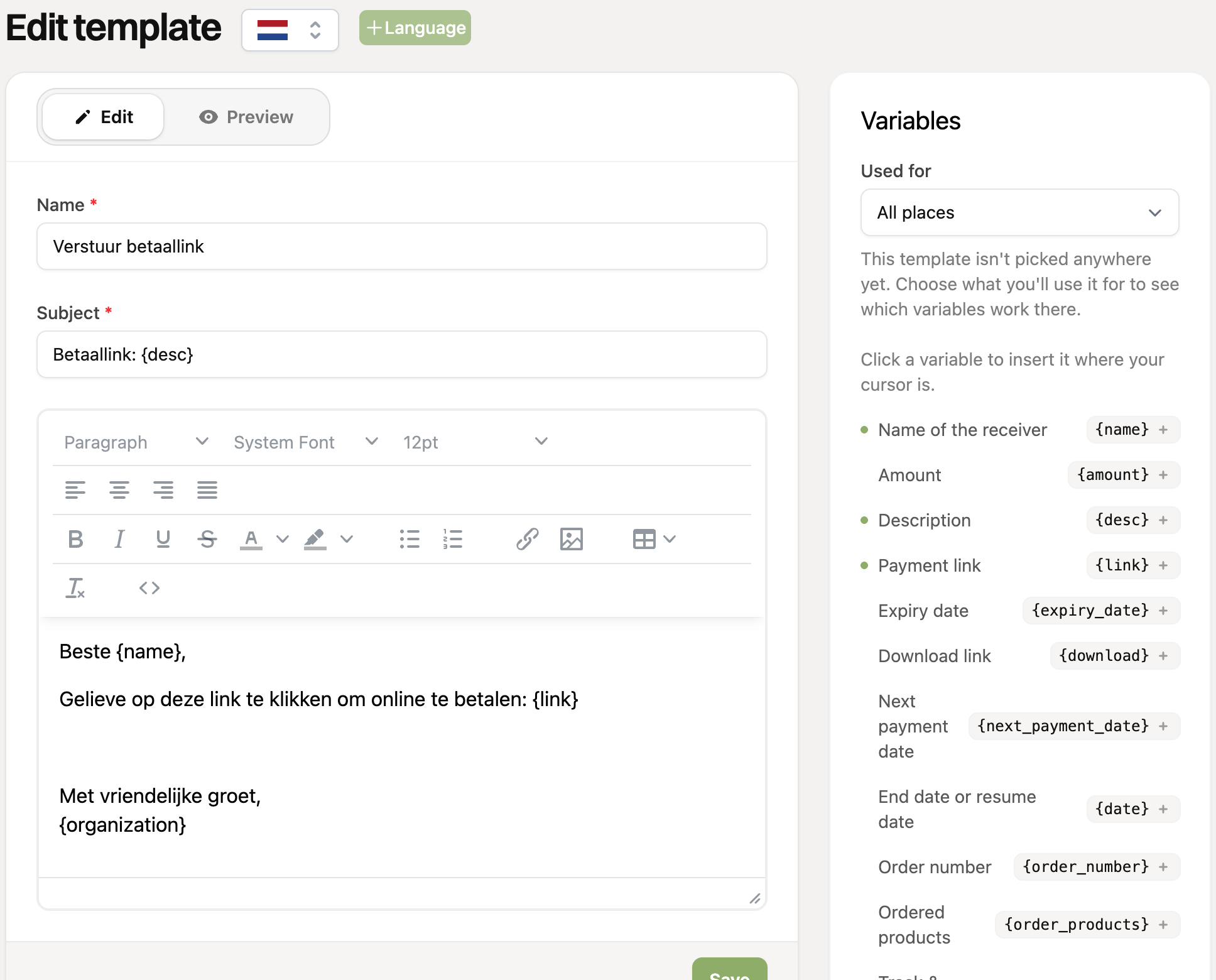 Editing a template, with the languages at the top and the variables on the right