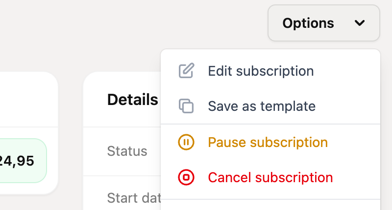 The Options menu with Pause subscription