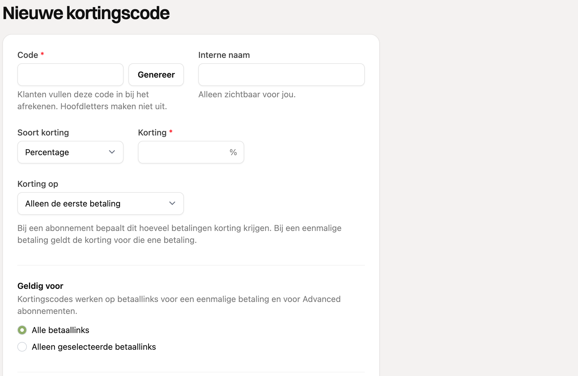 Het formulier voor een nieuwe kortingscode