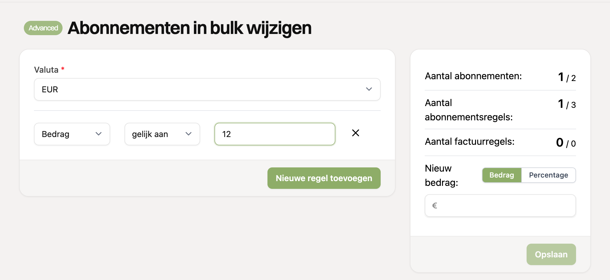 Filter op bedrag gelijk aan 12