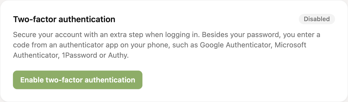 The Two-factor authentication page with the status Disabled