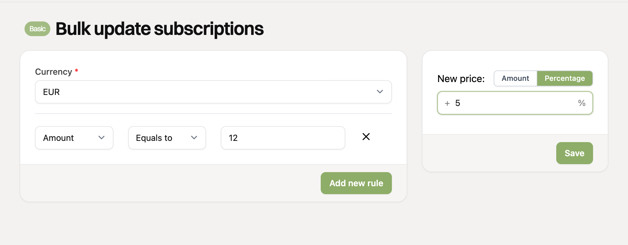 Filling in the new amount or percentage and saving