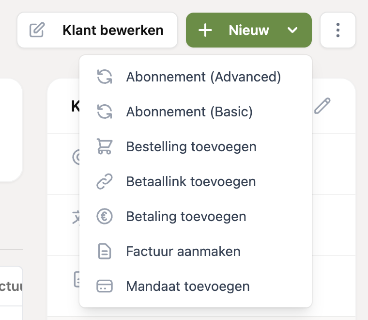 Het menu Nieuw met Factuur aanmaken