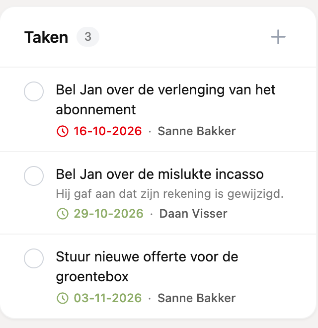 Het vak Taken met drie openstaande taken, hun datum en de collega