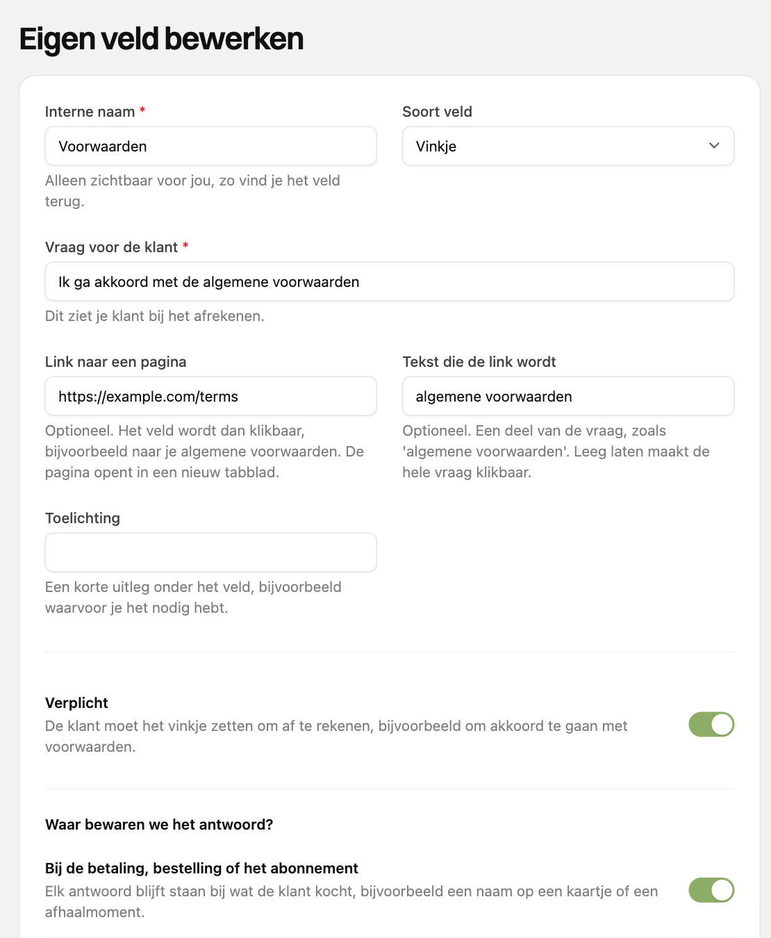 Het formulier van een eigen veld