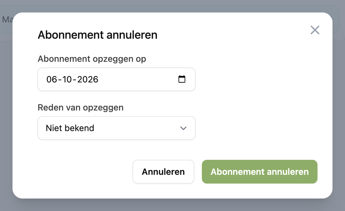 Kies de datum en de reden van opzeggen