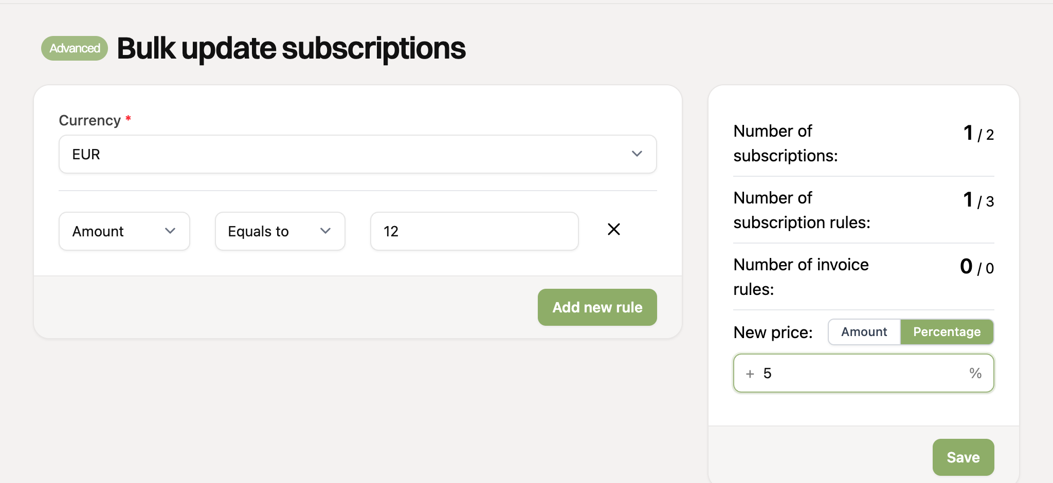 Filling in the new amount or percentage and saving