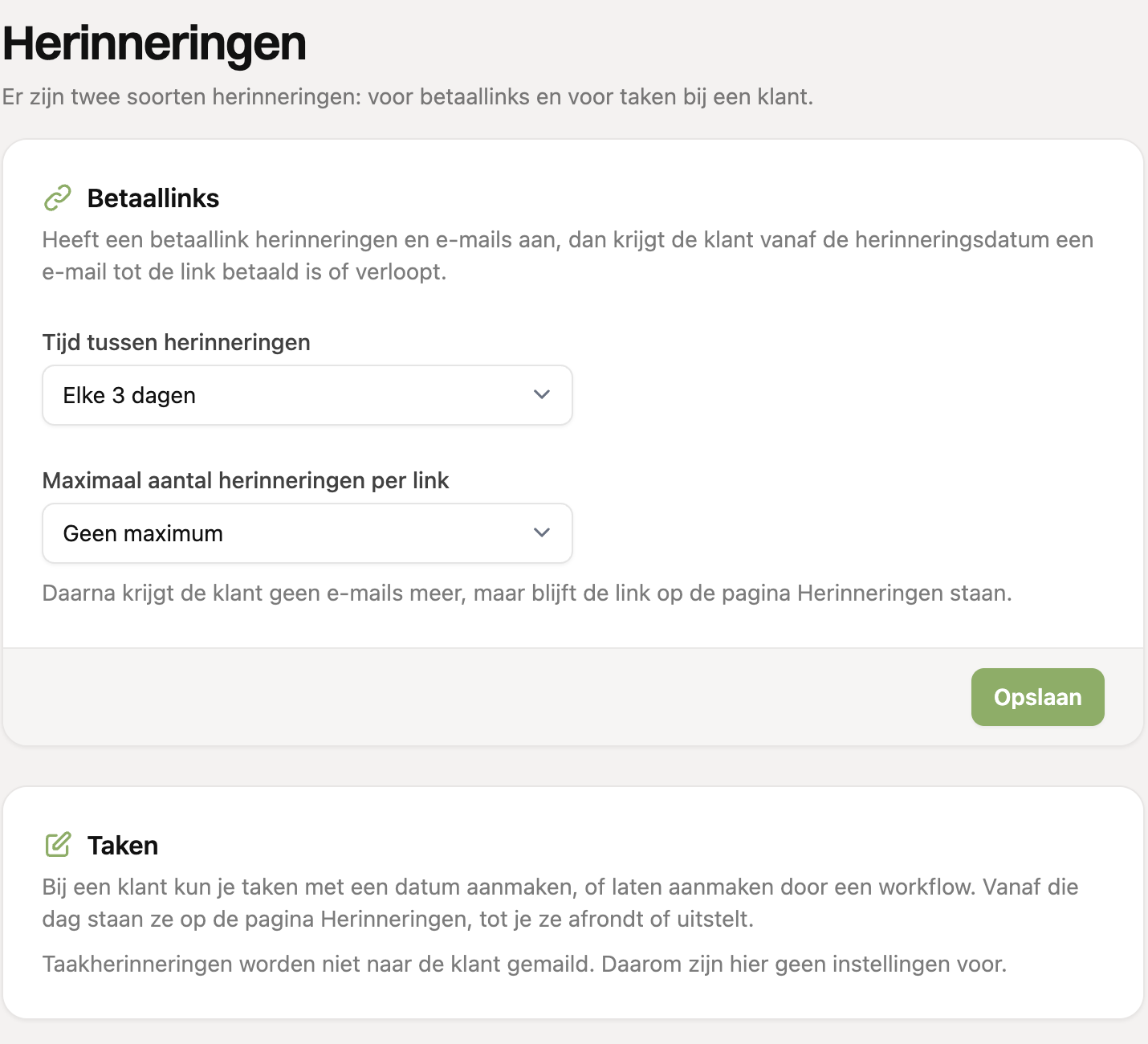 De instellingen voor herinneringen, met een blok voor betaallinks en een blok voor taken