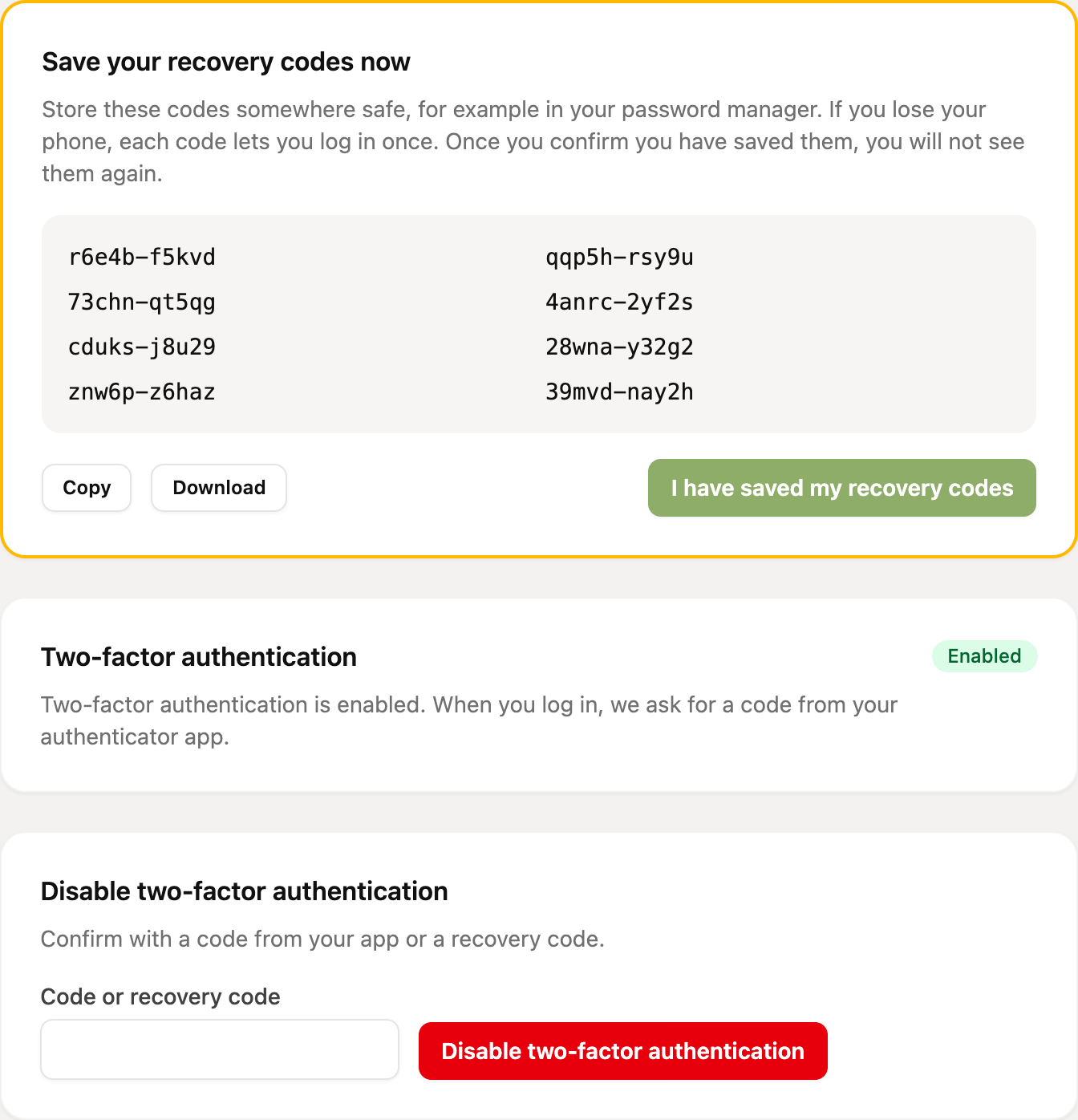 The recovery codes and the status Enabled