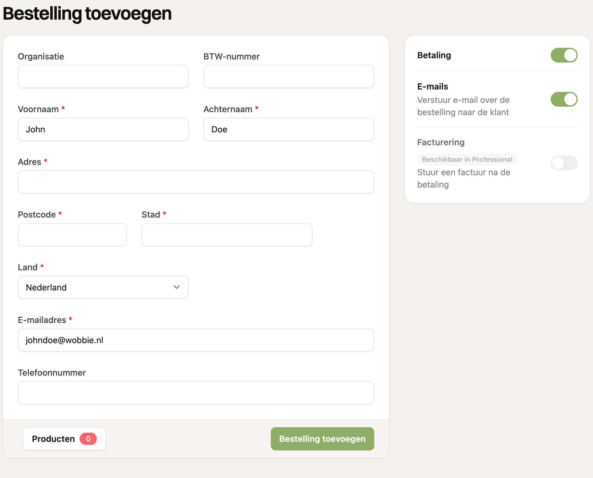 Het formulier om een bestelling toe te voegen