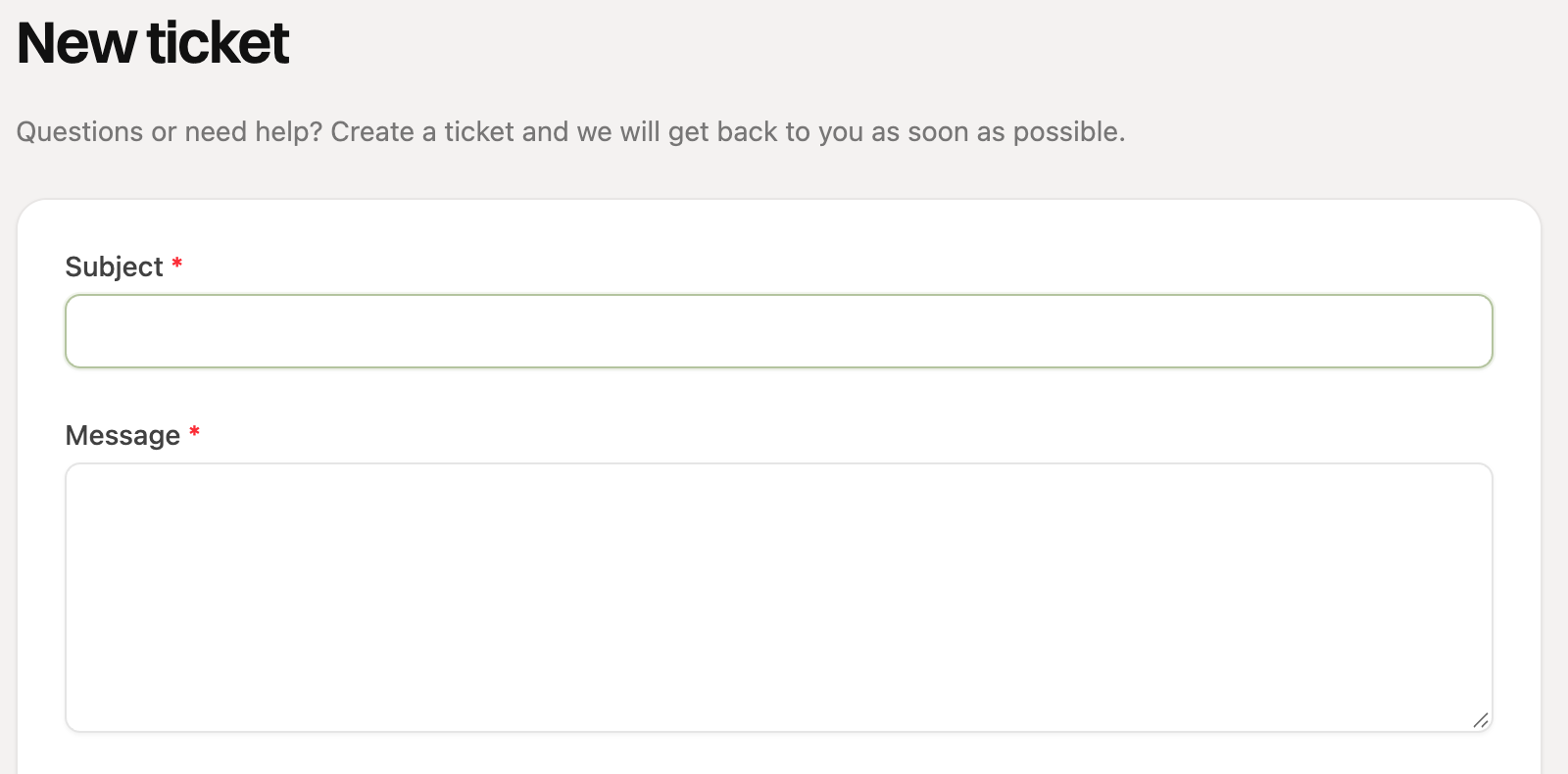 The New ticket form with subject and message