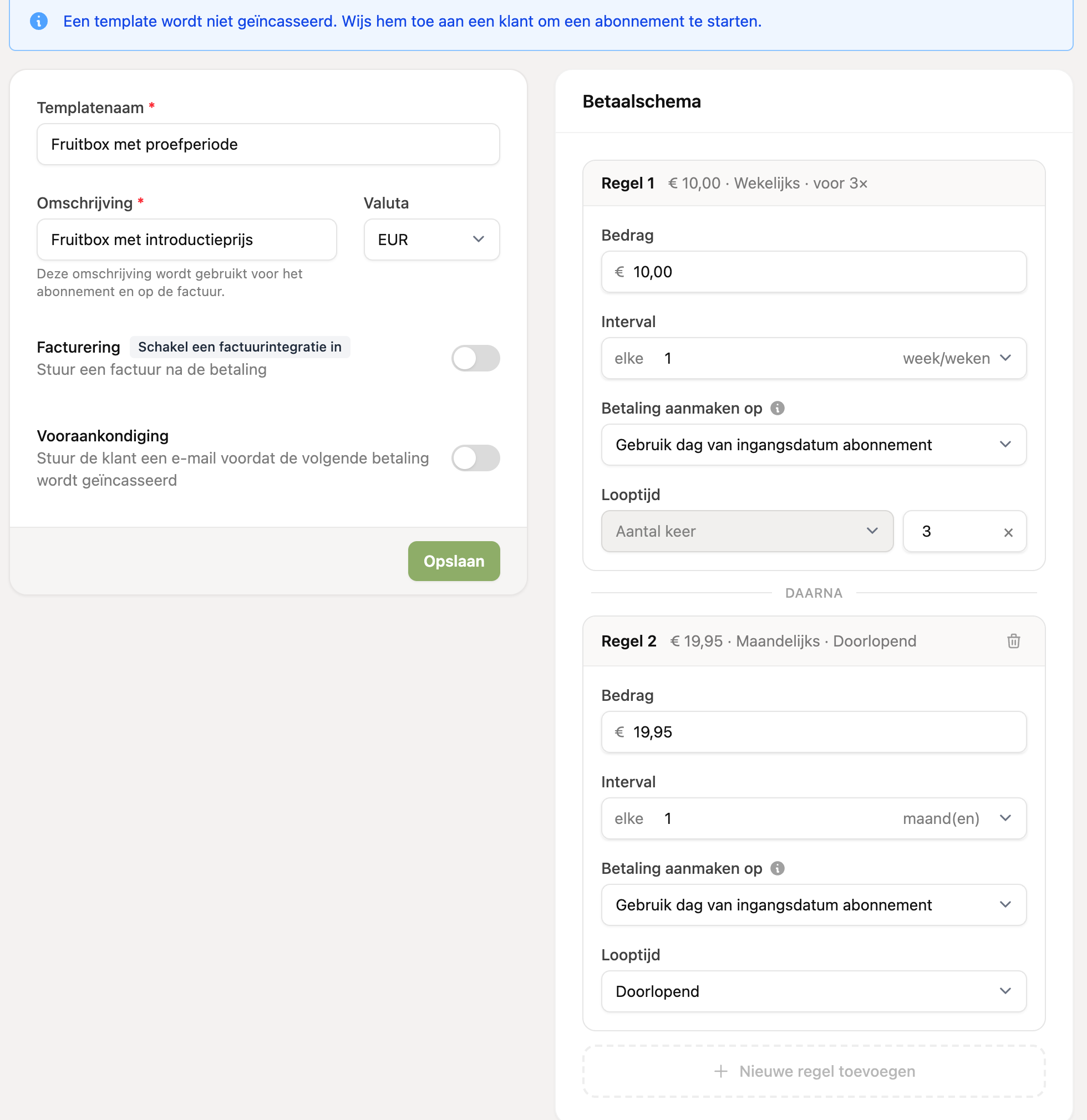 Een template bewerken met links de instellingen en rechts het betaalschema