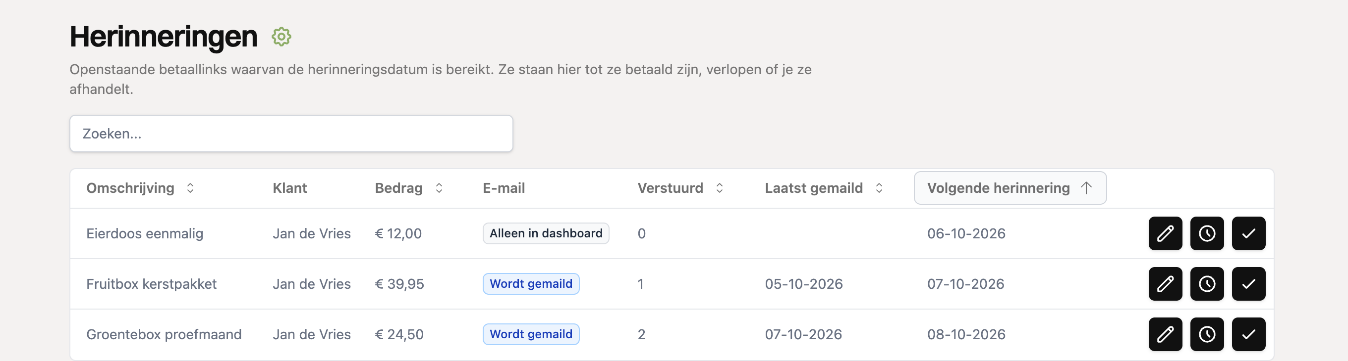 De pagina Herinneringen met openstaande betaallinks