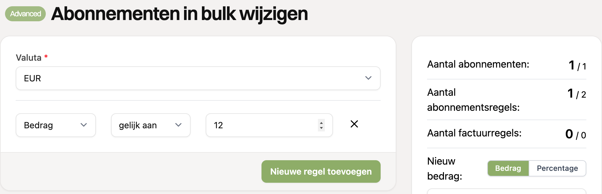 Filter op bedrag gelijk aan 12