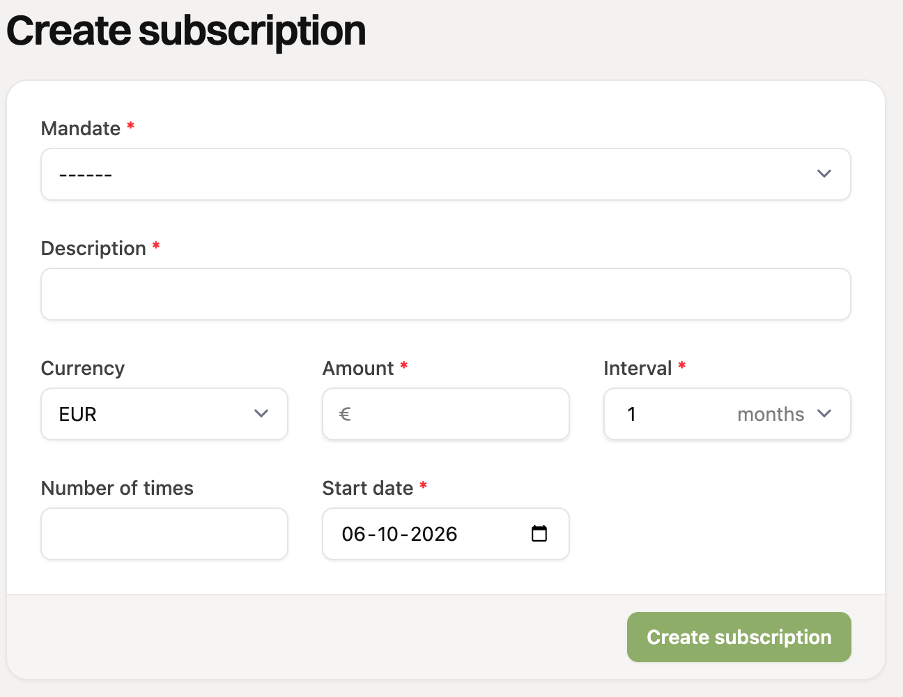 The form to create a subscription
