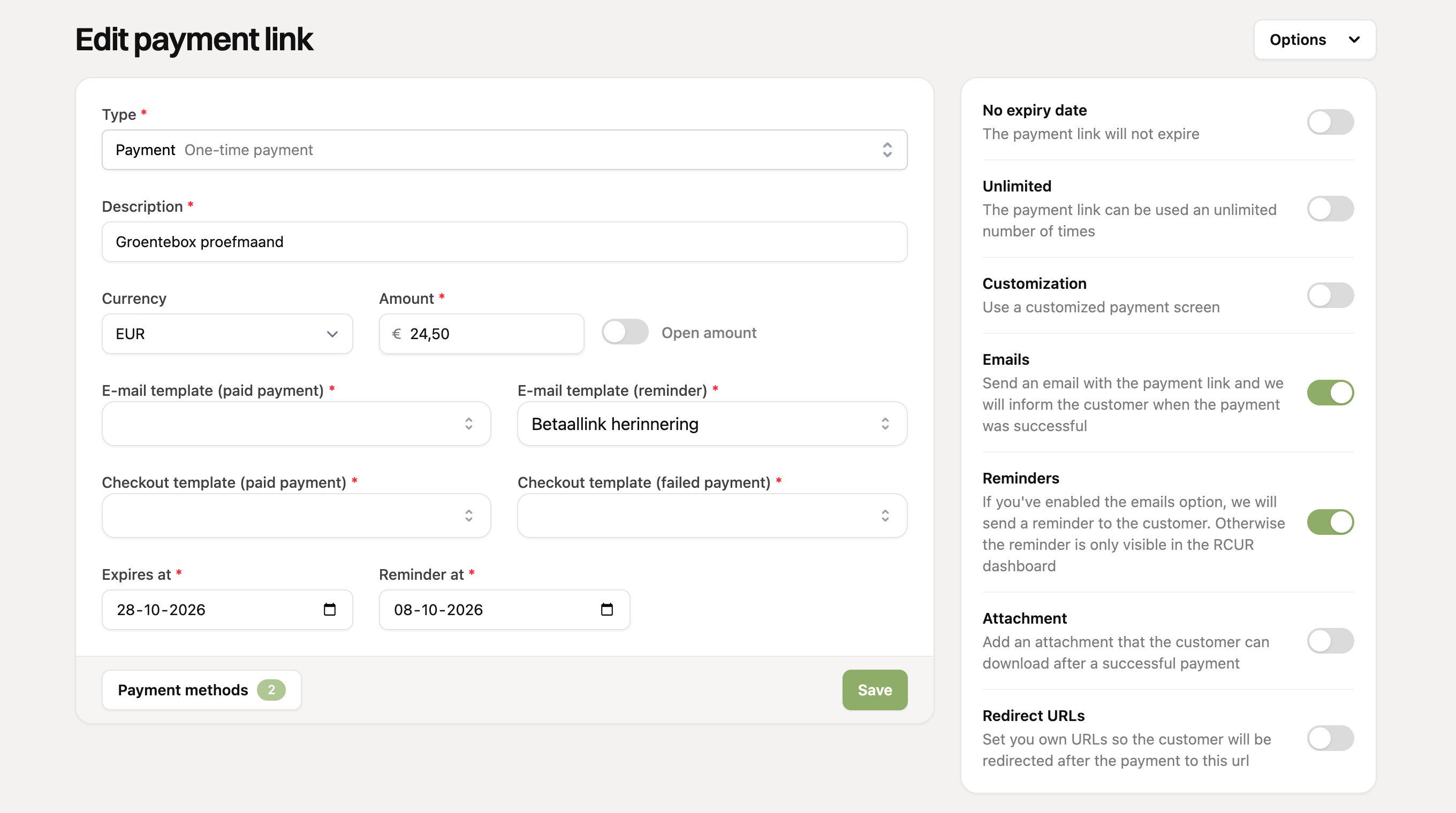 Editing a payment link with the Emails and Reminders options on and a reminder date