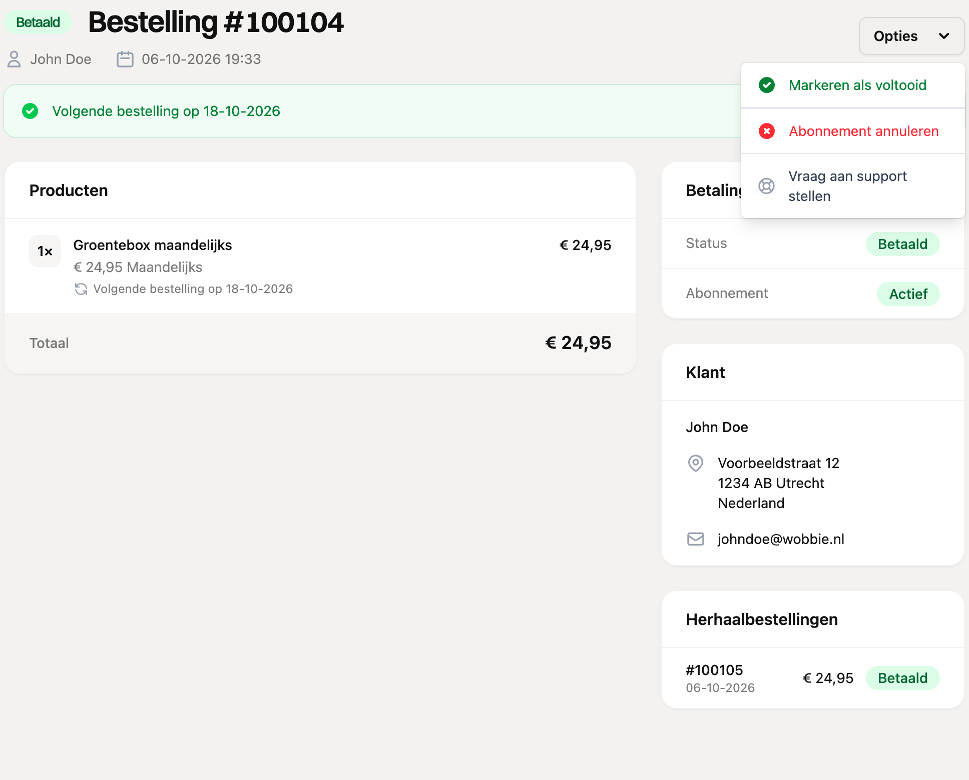 Het menu Opties bij een actief abonnement