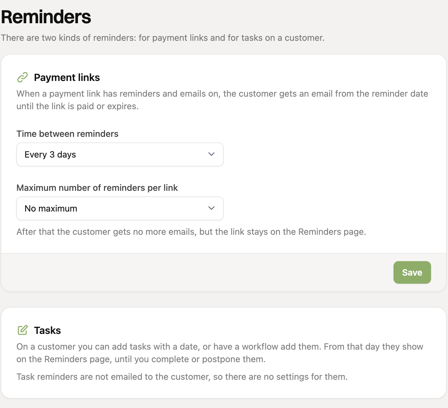 The reminder settings, with a block for payment links and a block for tasks