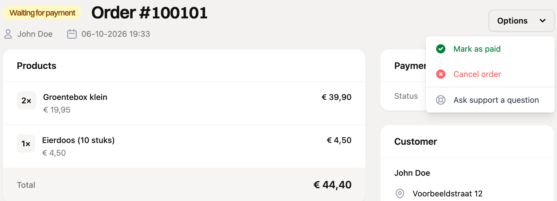 The Options menu for an order waiting for payment