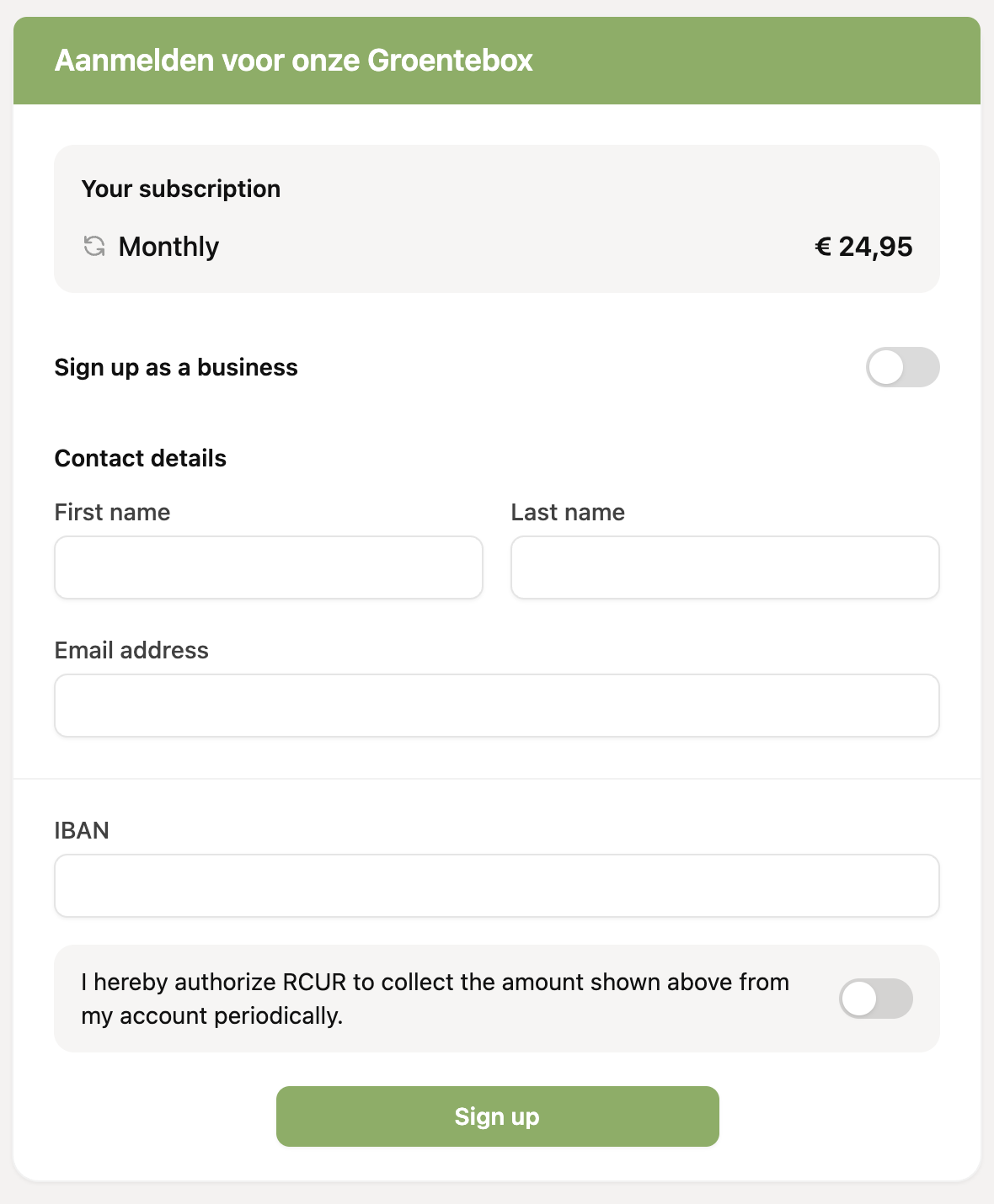 The sign-up form for the customer
