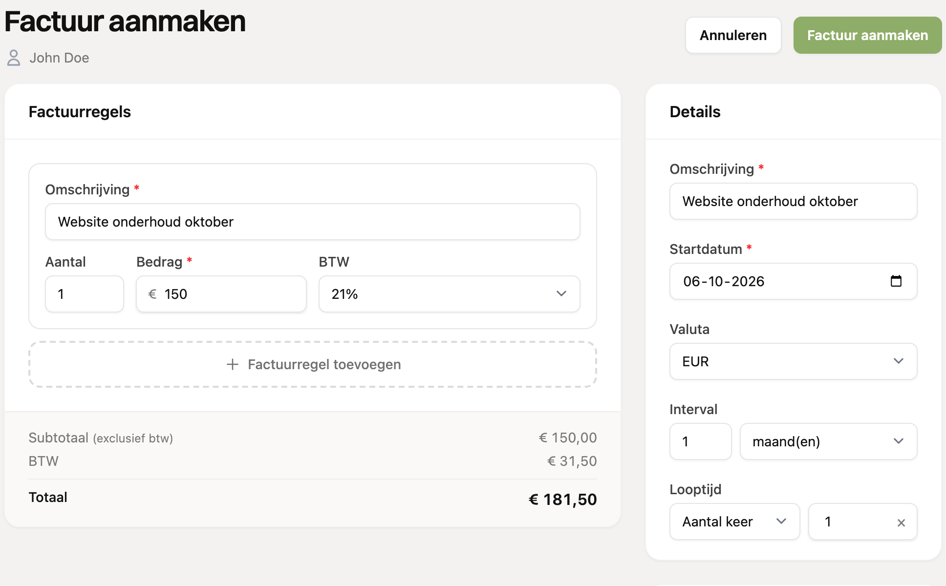 Het formulier voor een eenmalige factuur
