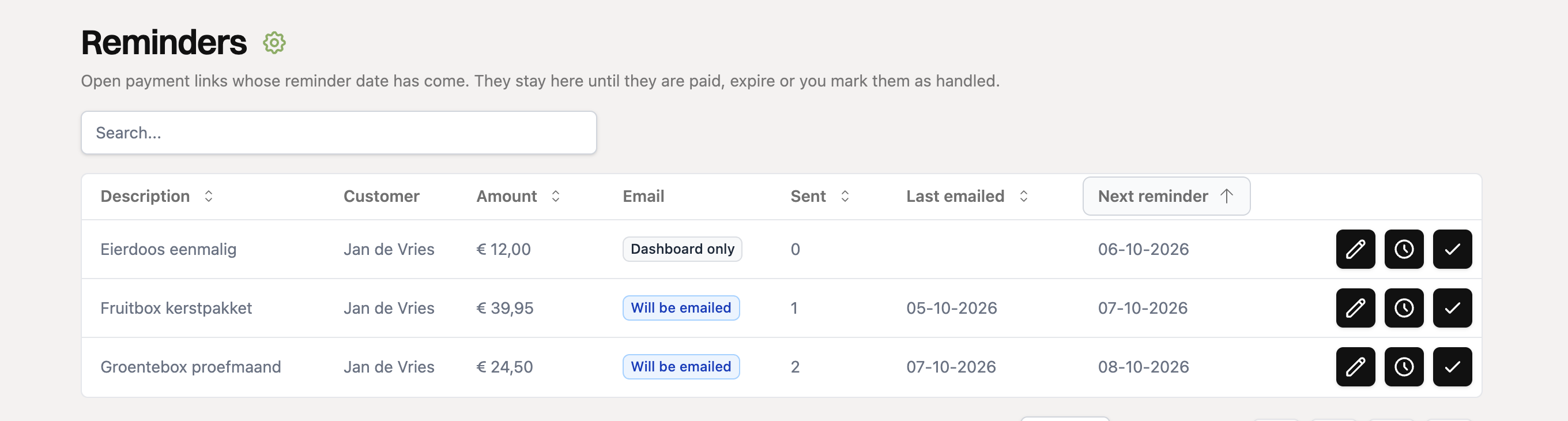 The Reminders page with open payment links
