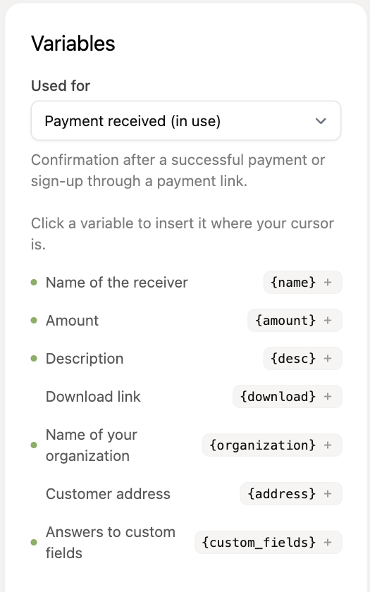 The variables of a template, with Answers to custom fields