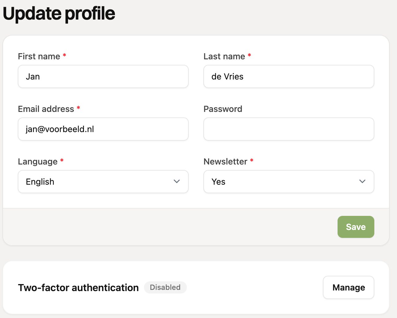 The Update profile form with the Language field