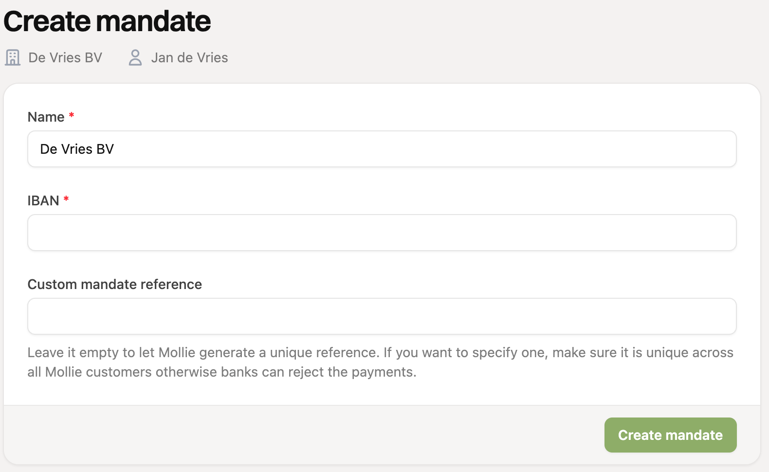 The Create mandate form with name, IBAN and custom mandate reference