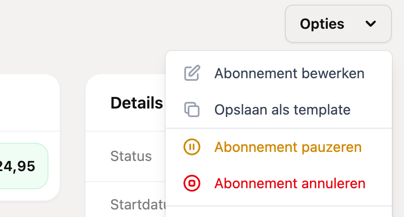 Het menu Opties met Abonnement annuleren