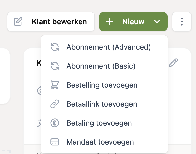 De knop Nieuw met de keuze Abonnement (Basic)
