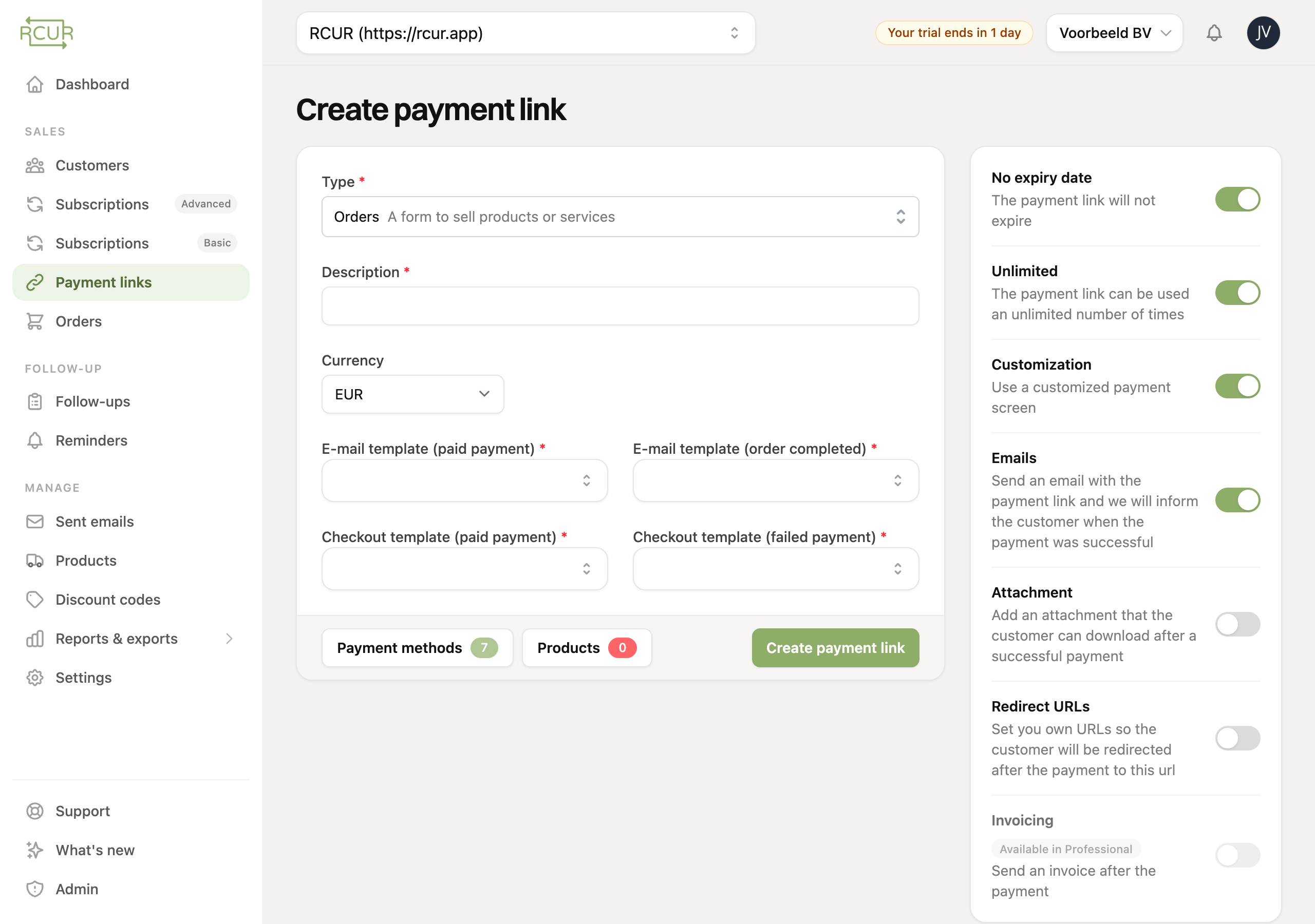 The payment link form with type Orders