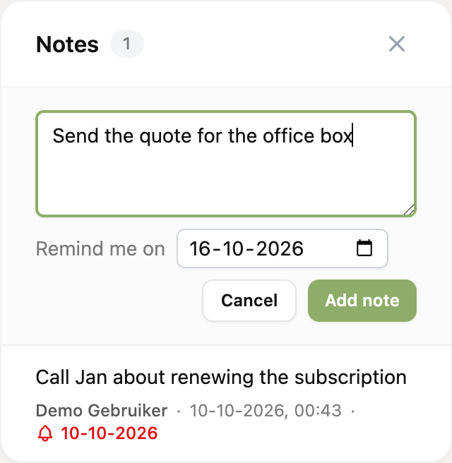 The Notes block with a new note and a reminder date