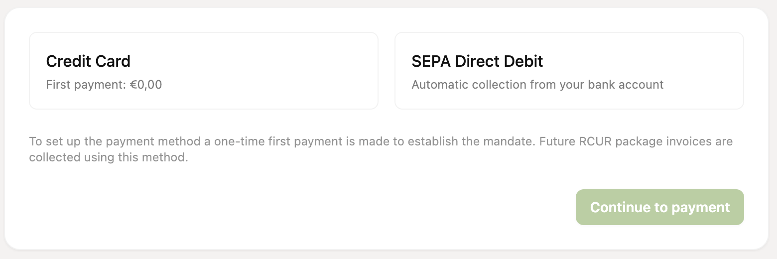 Choose between Credit Card and SEPA Direct Debit