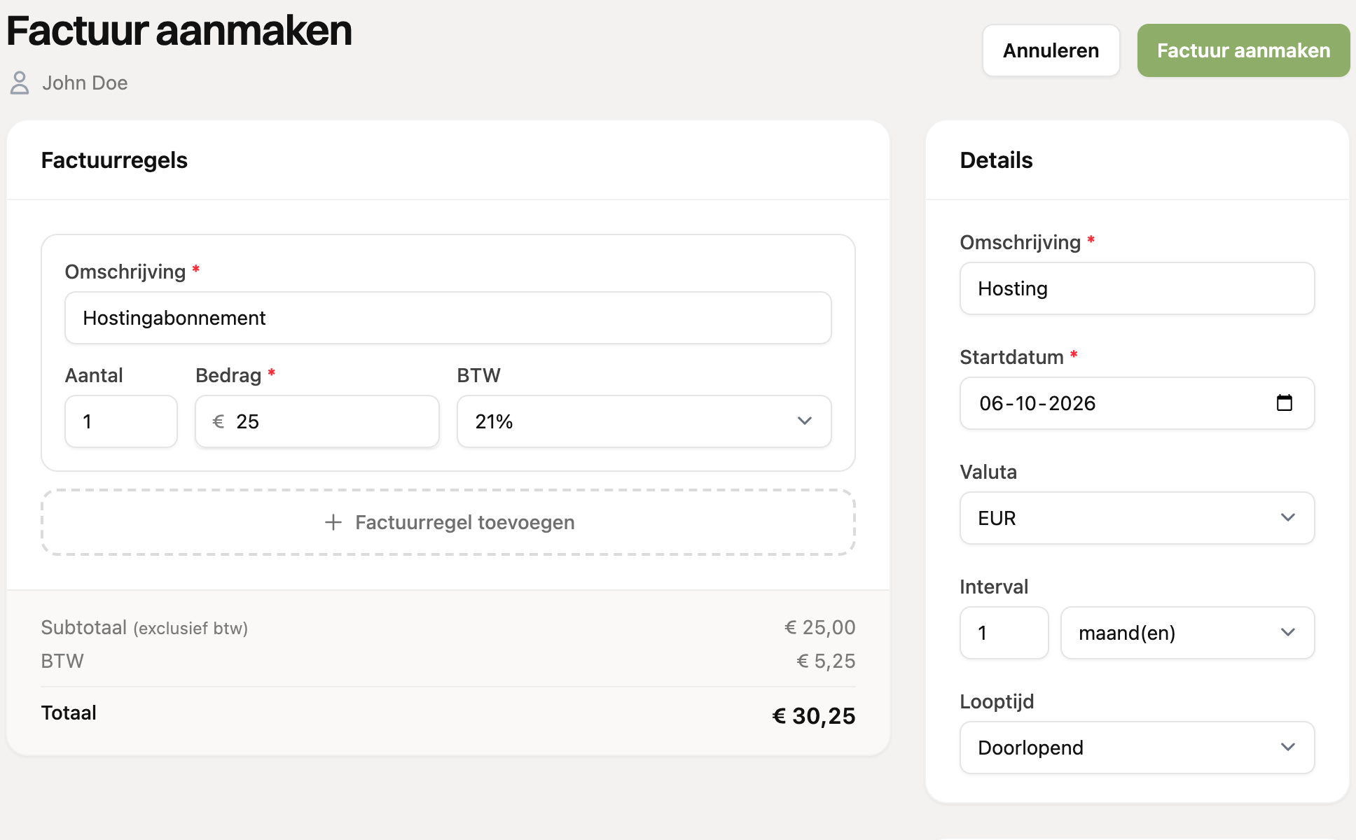 Het formulier voor een terugkerende factuur