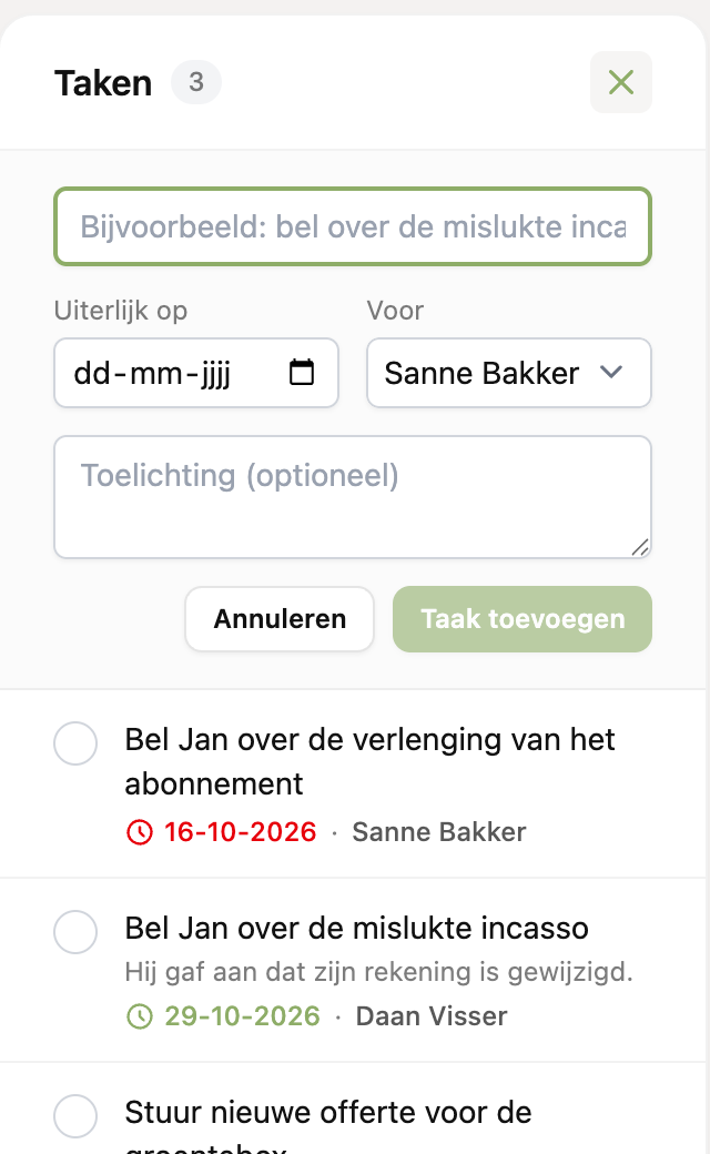 Het formulier om een taak toe te voegen met titel, datum, collega en toelichting