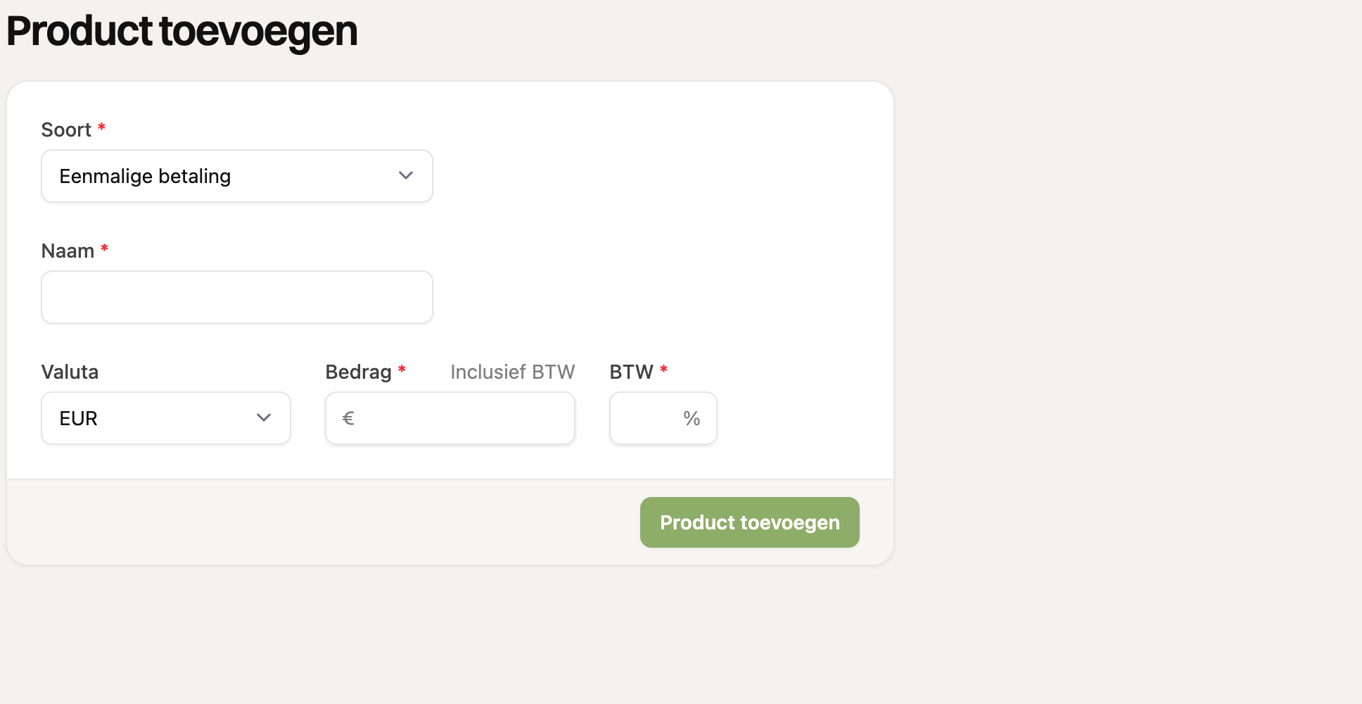 Het formulier voor een eenmalig product