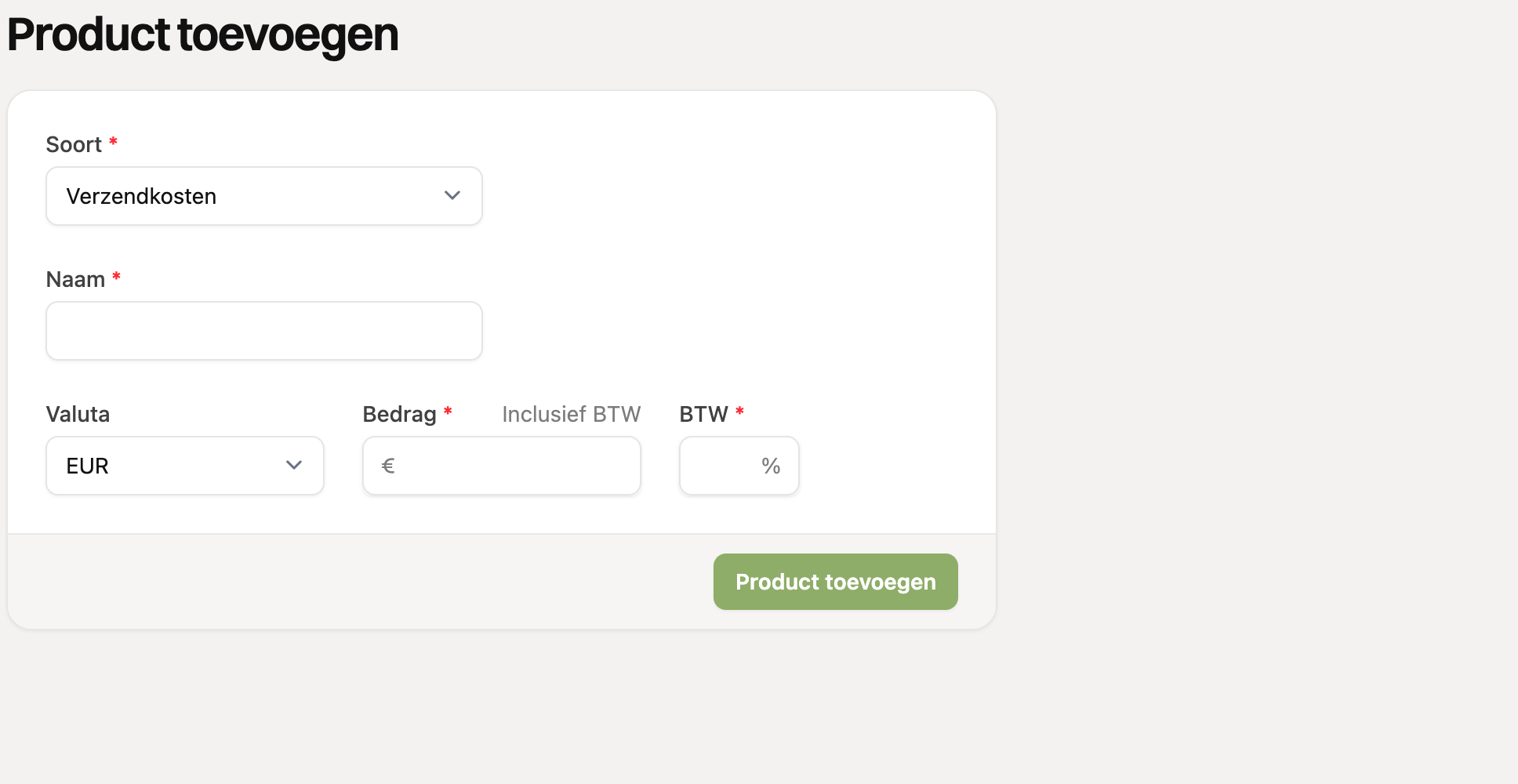 Het formulier voor verzendkosten