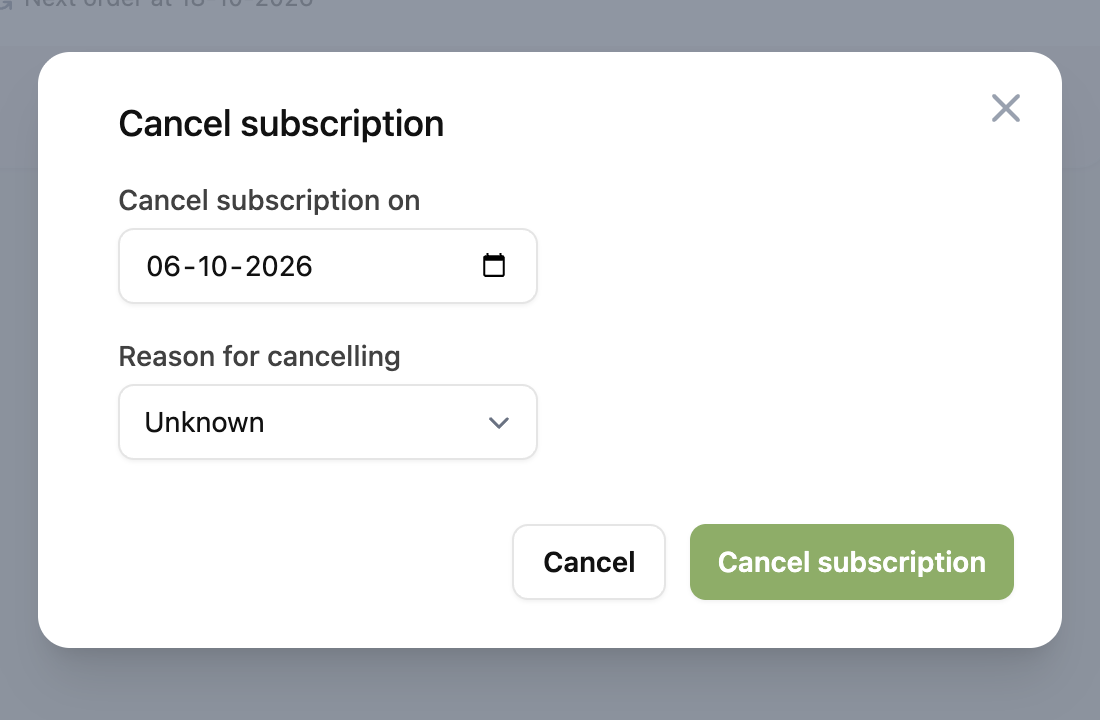 The Cancel subscription window with date and reason