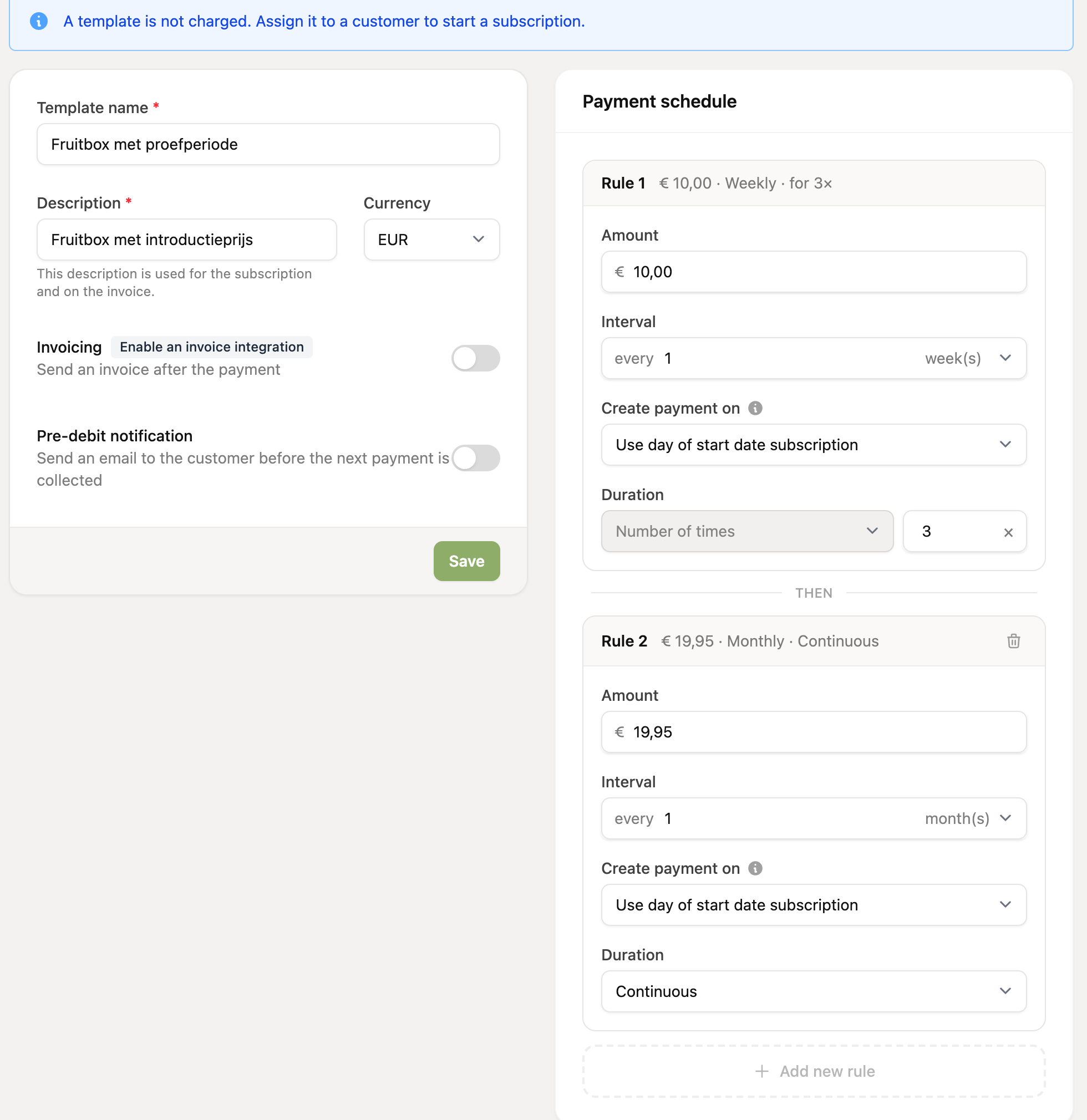 Editing a template with the settings on the left and the payment schedule on the right