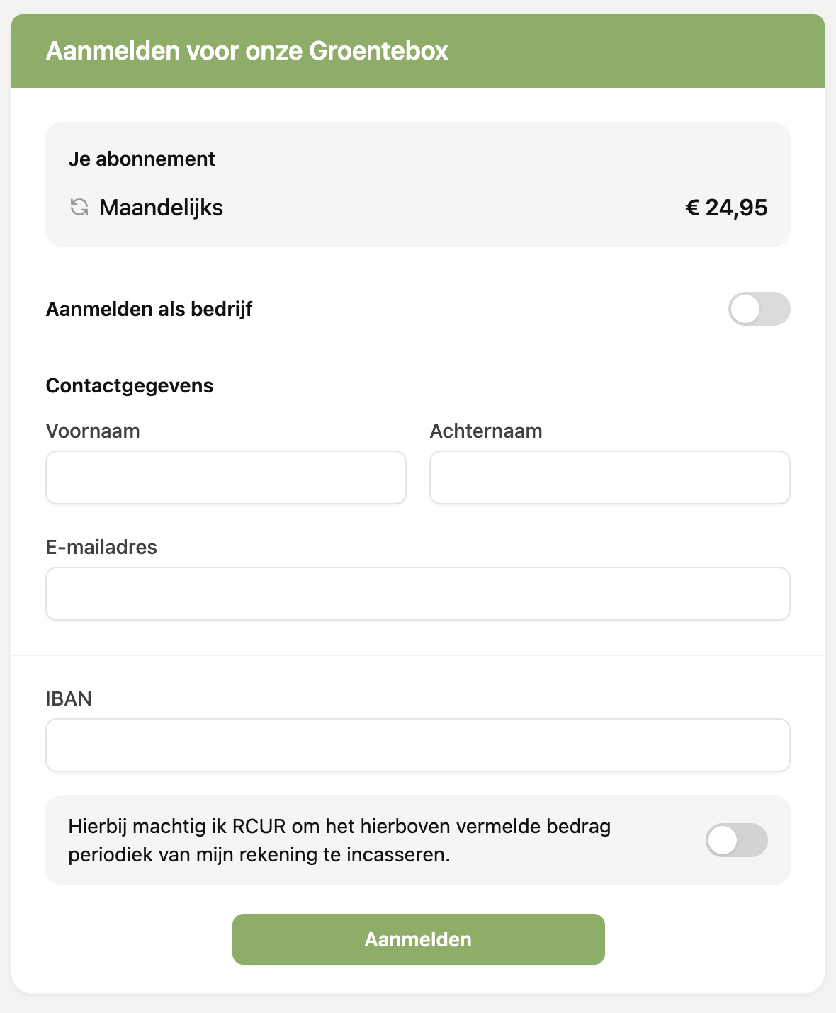 Het aanmeldformulier voor de klant