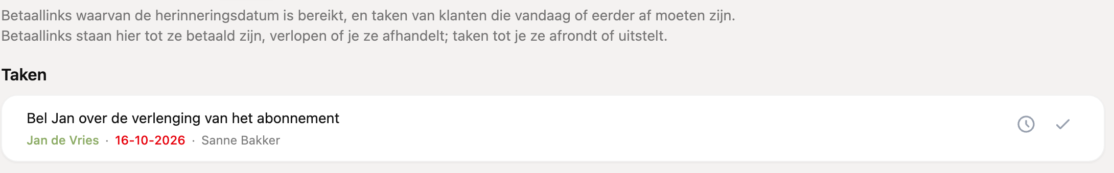 De pagina Herinneringen met een openstaande taak voor een klant