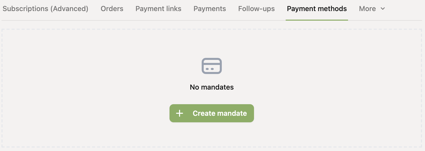 The Payment methods tab of a customer with the Create mandate button