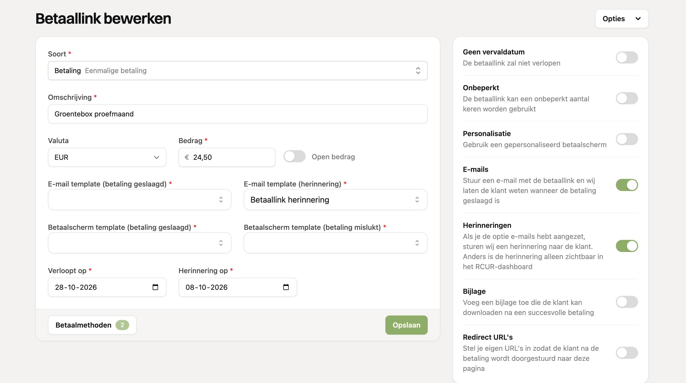 Betaallink bewerken met de opties E-mails en Herinneringen aan en een herinneringsdatum