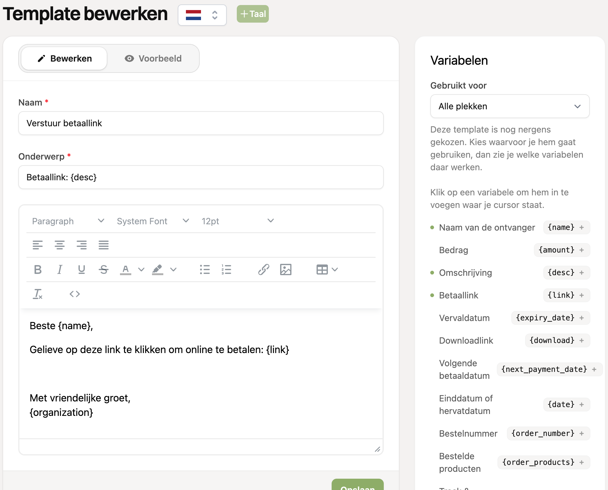 Een template bewerken, met de talen bovenaan en de variabelen aan de rechterkant