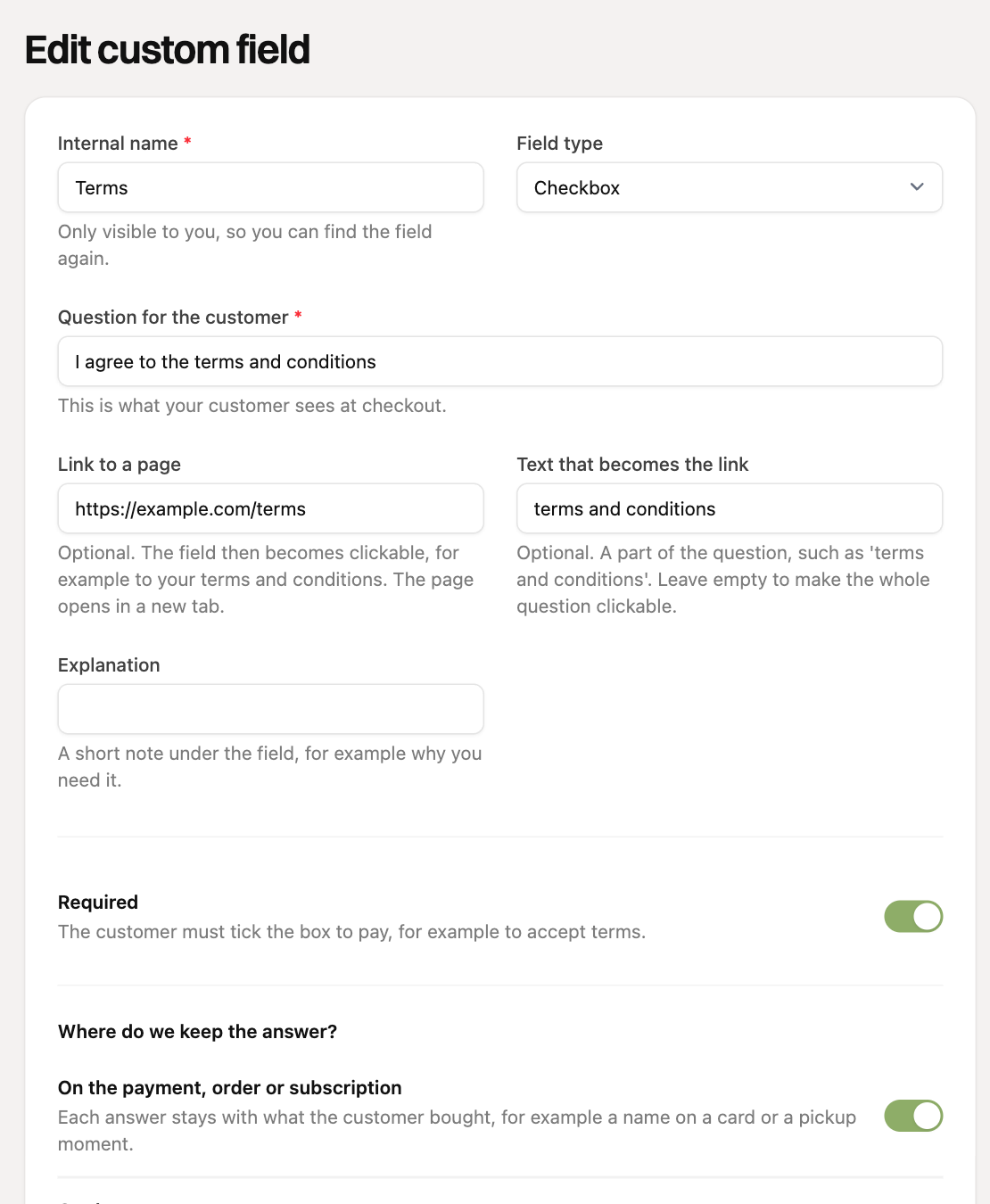The form of a custom field