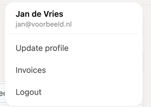 The menu at the top right with Update profile