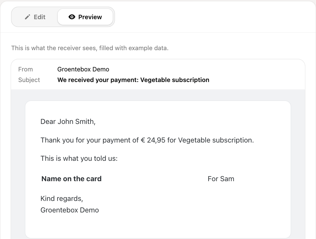 The preview of an e-mail with the answers to custom fields
