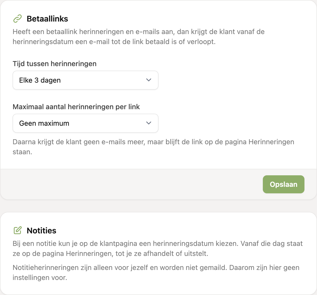 De instellingen voor herinneringen, met een blok voor betaallinks en een blok voor notities